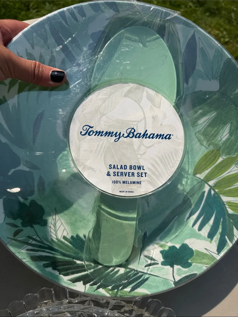 Tommy Bahama Leafy Teal and Green Salad Bowl with Servers